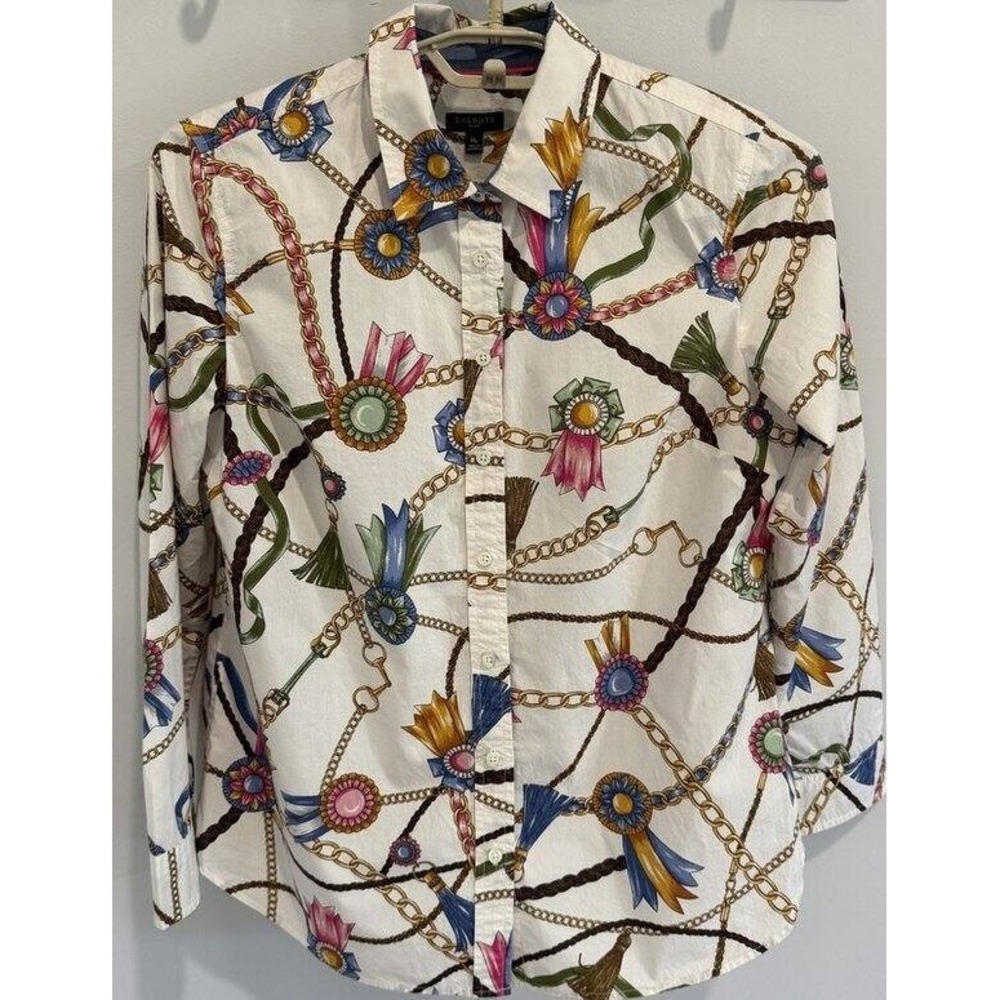 Talbots Petites Button Front Long Sleeve Cotton Shirt Equestrian Bridle Chain Mp